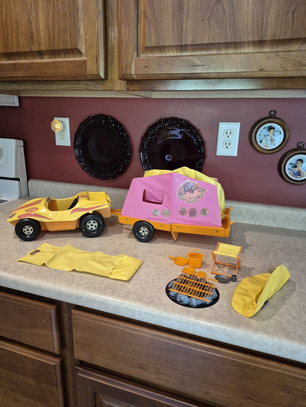 Vintage Pink & Yellow Barbie Pop Up Camper with Car and Accessories 1972